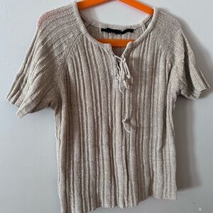 Women's Beige Ribbed Knit Top- Lace up Vneck collar